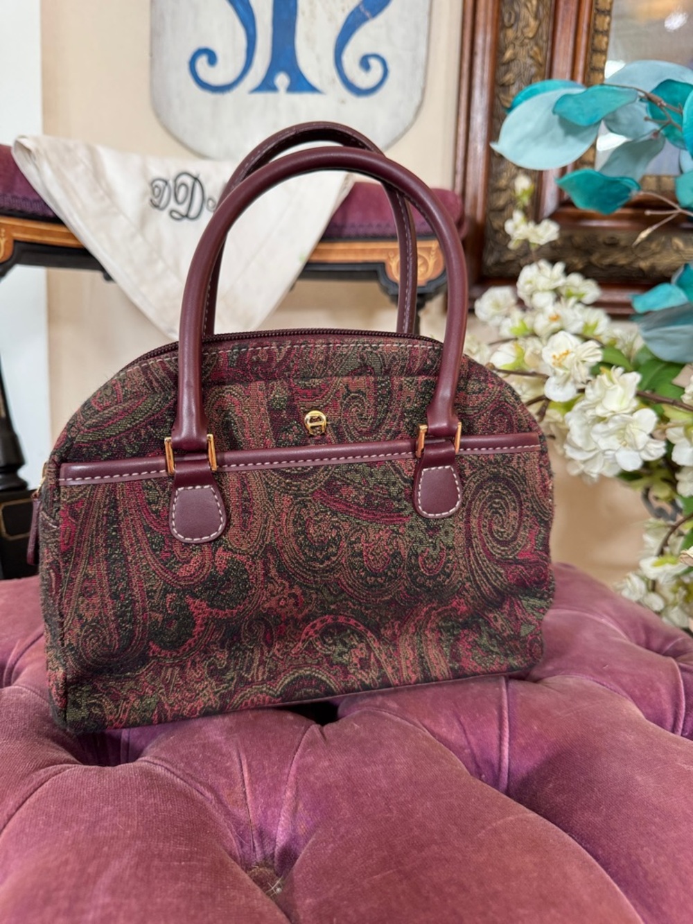 Vintage Etienne Aigner Handbag in Burgundy and Olive